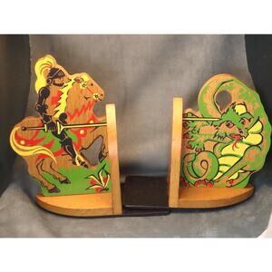 Vintage St George Slaying Dragon Bookends Painted Wood